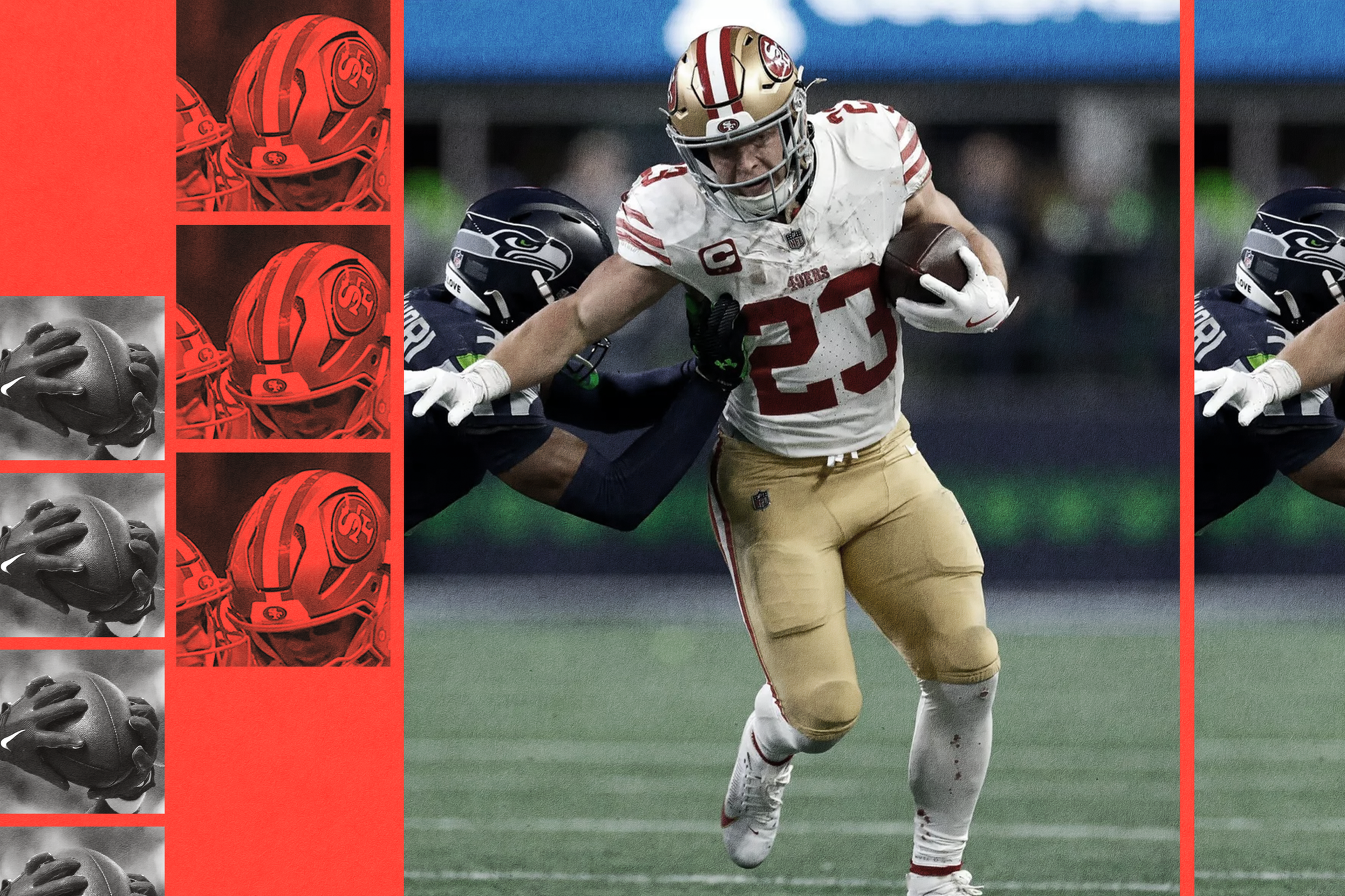 A San Francisco 49ers player, wearing number 23, is running with the football while a Seattle Seahawks defender tries to tackle him.