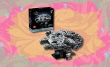 lego star wars millennium falcon set against a yellow, pink, and green patterned background