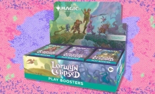 The Magic: The Gathering Lorwyn Eclipsed - Play Booster Box on a pink and purple background