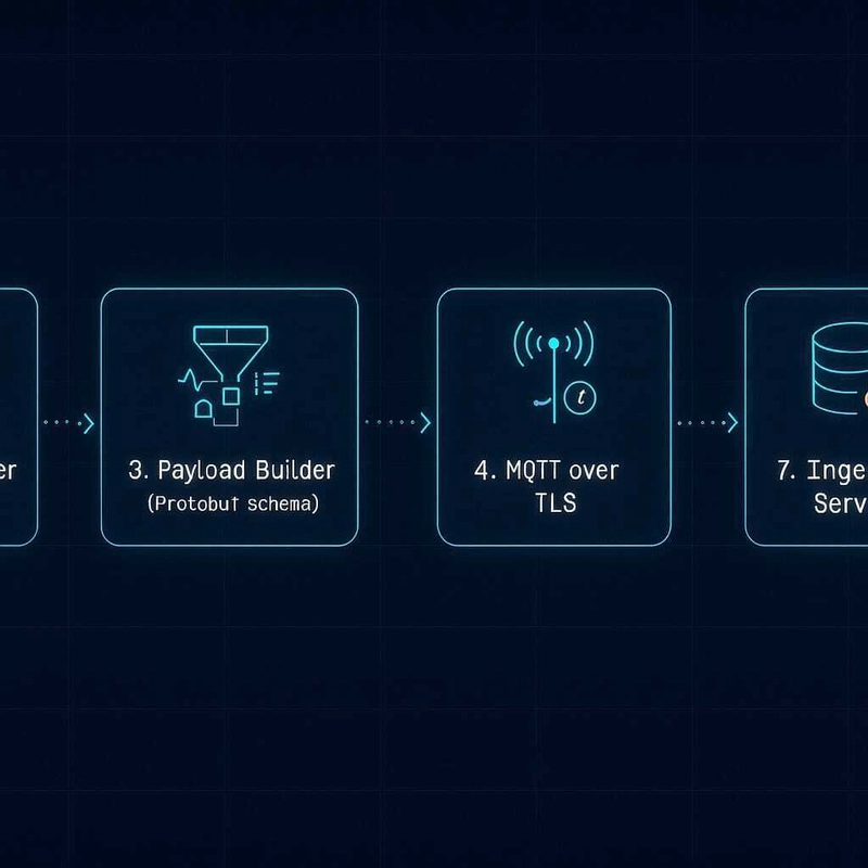Data flow pipeline showing sensor sampling, edge event filter, payload builder, LTE-M modem, MQTT, ingest service, time-series database, and exception engine