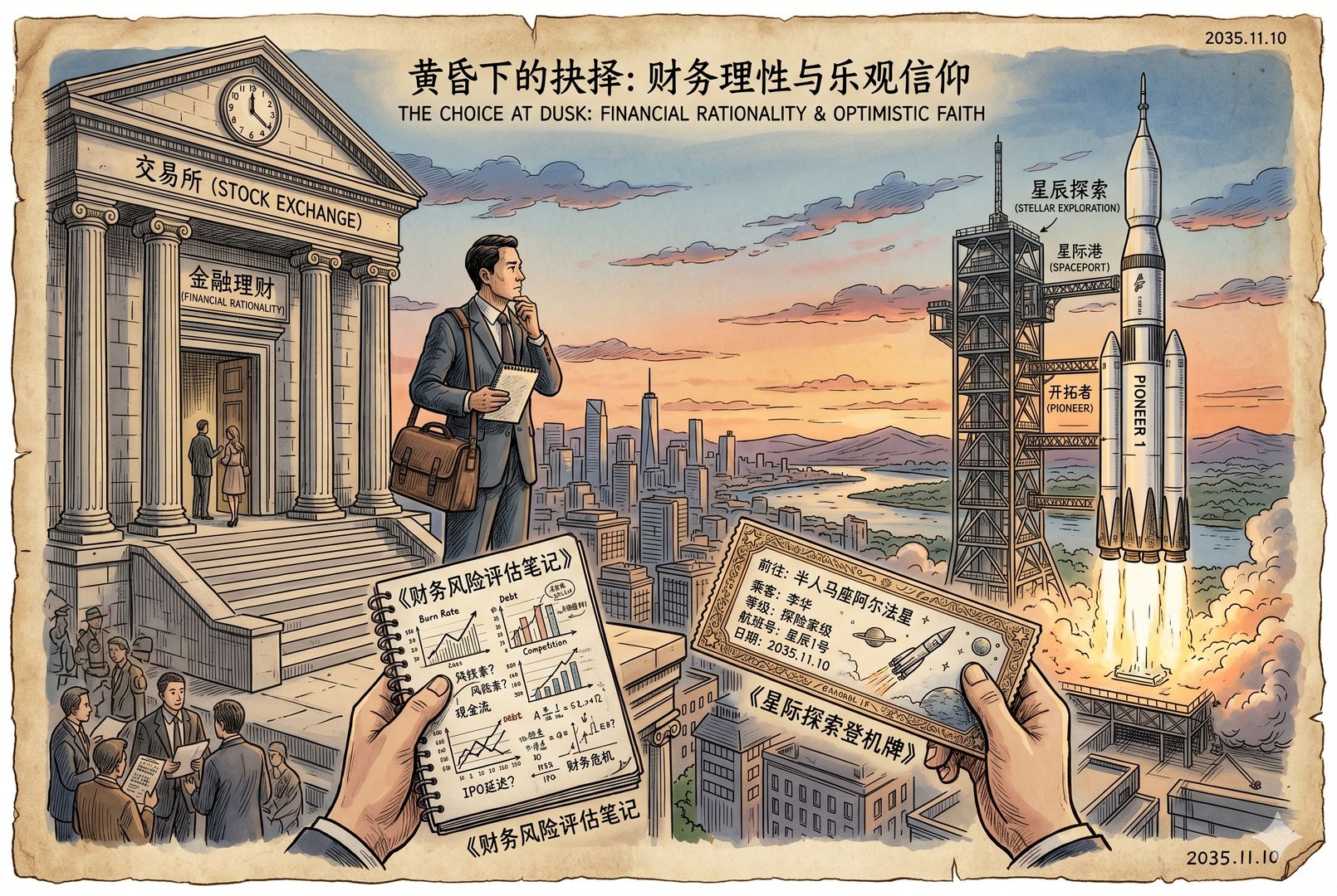 黄昏下的投资者站在交易所台阶与发射塔之间,手里一边是写满风险的笔记,一边是通往星海的船票,远方火箭点火升空,象征在财务理性与乐观信仰间做最终抉择,羊皮纸,钢笔彩色手绘的统一风格。