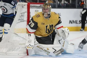 LAS VEGAS, NEVADA - APRIL 13: Carter Hart #79 of the Vegas Golden Knights tends net during the first period against the Winnipeg Jets at T-Mobile Arena on April 13, 2026 in Las Vegas, Nevada. (Photo by Zak Krill/NHLI via Getty Images)