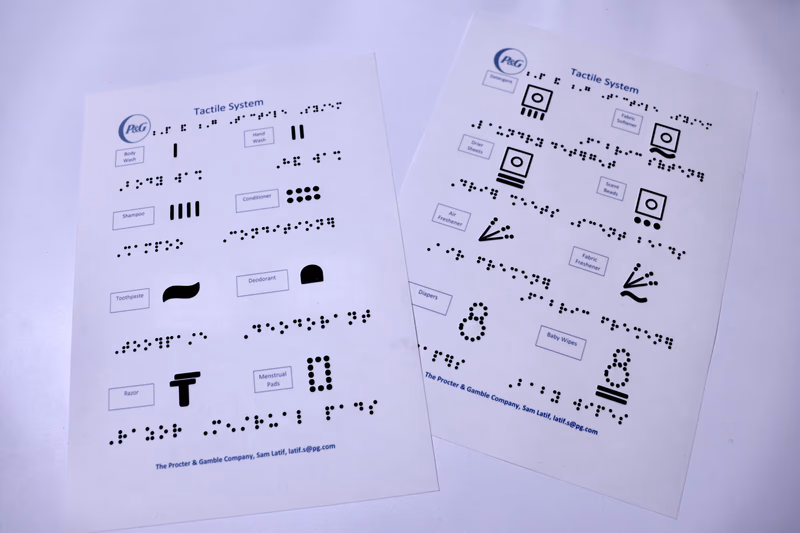 1本の線（ストライプ）：体は一つなので「ボディウォッシュ」、2本の線：手は二本なので「ハンドウォッシュ」、4本の線：洗う髪はたくさんあるので「シャンプー」など、誰もが直感的に分かるよう記号化。シールとして展開し、P＆G以外の製品にも貼ることができる。