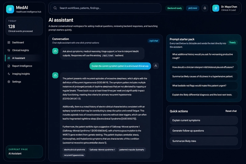 Multi-turn medical Q&A — every response pulls live ontology terms, cites DOID references, and closes with an explicit AI disclaimer. No hallucinated disease definitions.