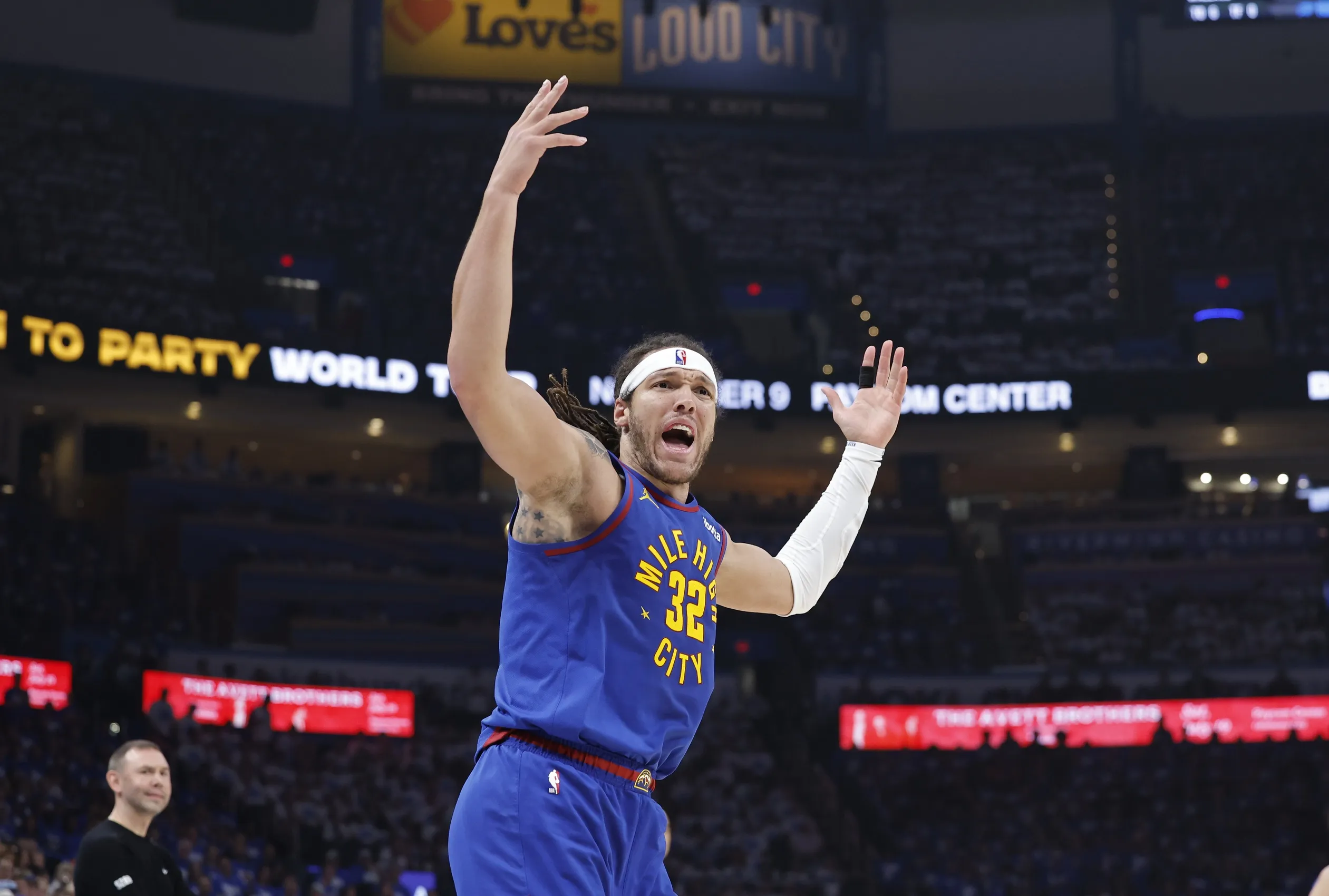 May 13, 2025; Oklahoma City, Oklahoma, USA; Denver Nuggets forward Aaron Gordon (32) reacts after a play against the Oklahoma City Thunder during the second quarter of game five of the second round for the 2025 NBA Playoffs at Paycom Center. Mandatory Credit: Alonzo Adams-Imagn Images