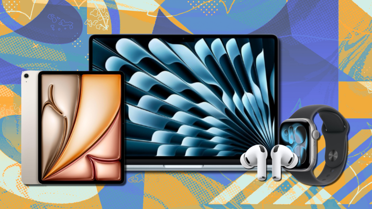 Apple iPad, MacBook Air, AirPods, and Apple Watch with orange and blue abstract background
