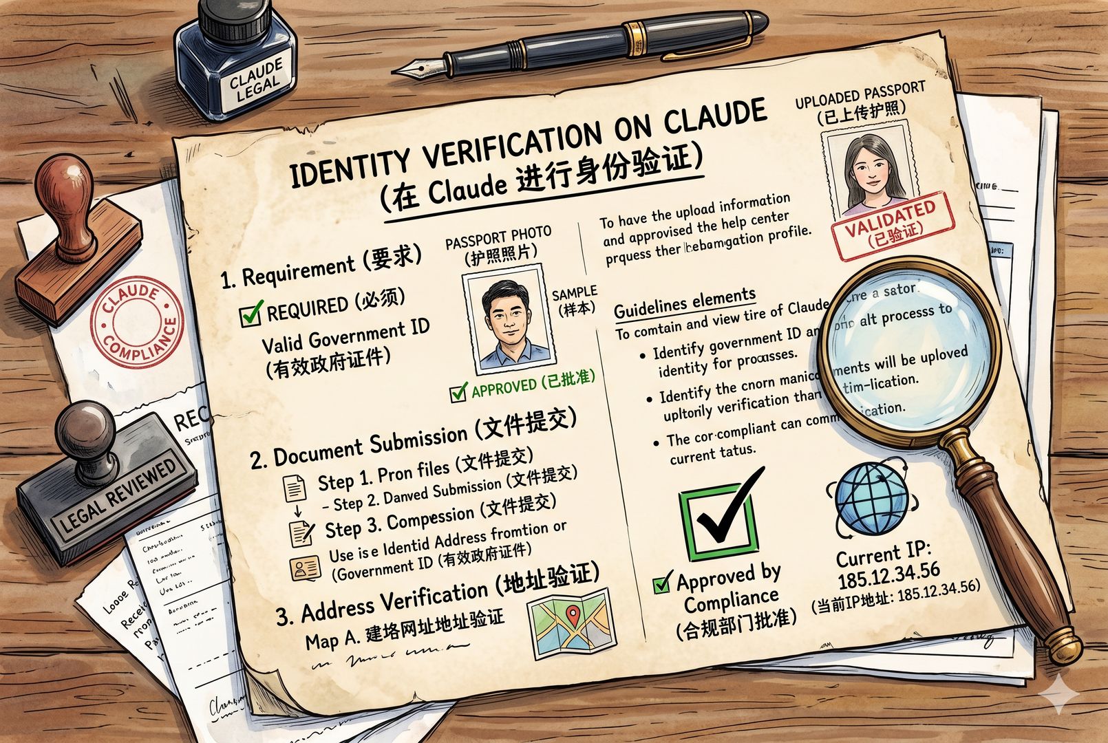 一张摊开的帮助中心文档页,上面写着 identity verification on Claude,旁边有放大镜、勾选框、IP 地址图标和护照照片框,像法务审阅文件的桌面场景,钢笔彩色手绘的统一风格。
