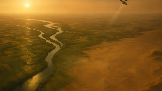 Vista aérea del delta del Nilo con contornos sutiles que sugieren estructuras enterradas detectadas mediante observación satelital.
