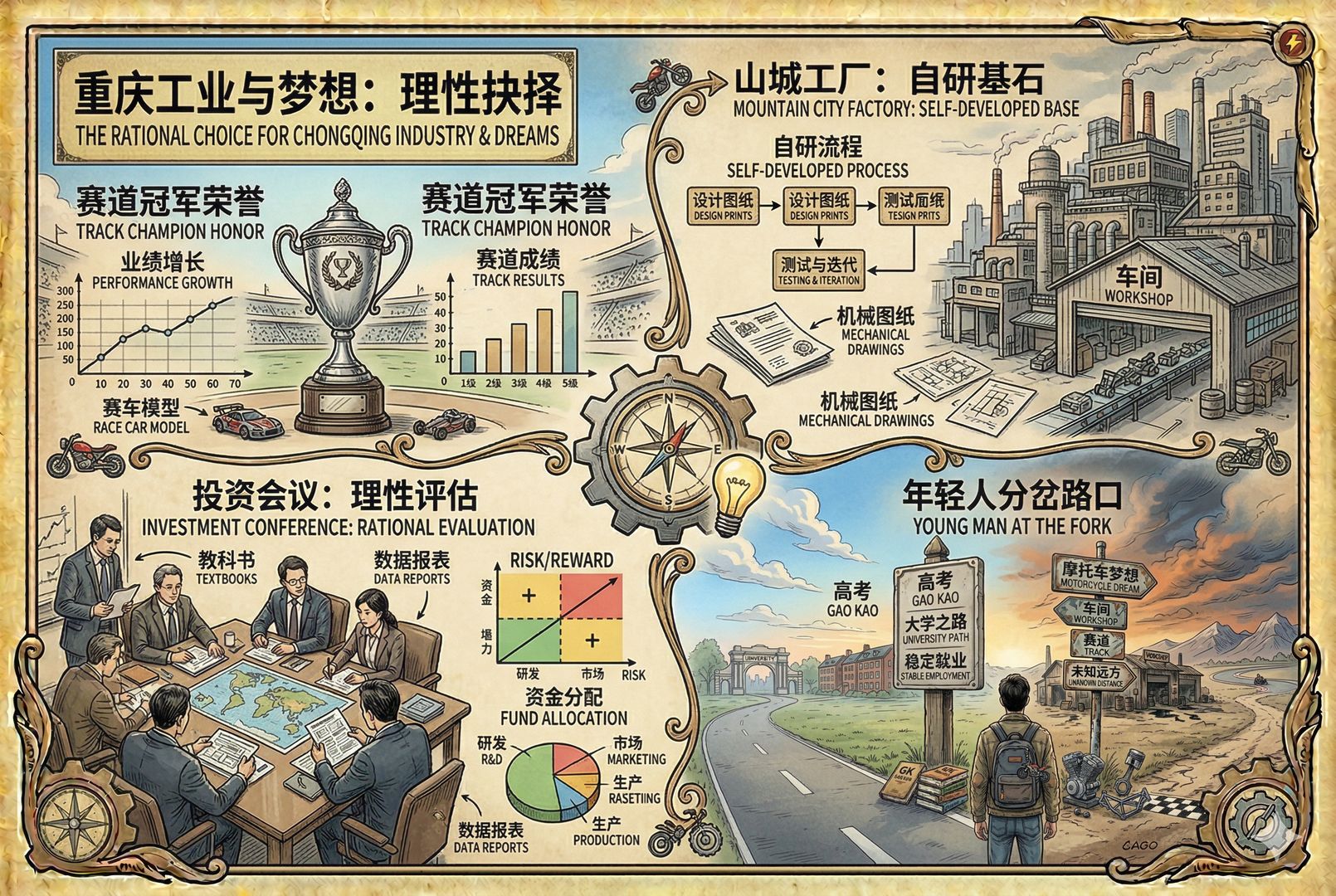 一张复古信息图式画面,赛道冠军奖杯、重庆山城工厂、投资会议桌、年轻人分岔路四个场景被组合在同一画面中,形成文章核心观点的视觉总结,层次清晰,羊皮纸,钢笔彩色手绘的统一风格。