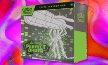 The Pokemon TCG: Perfect Order Elite Trainer Box on a purple, red, and orange background