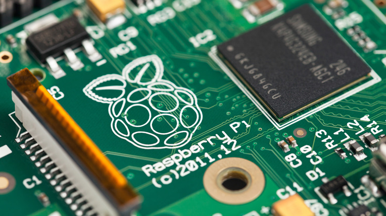 Close up of the Raspberry Pi logo on a mini Pi board.