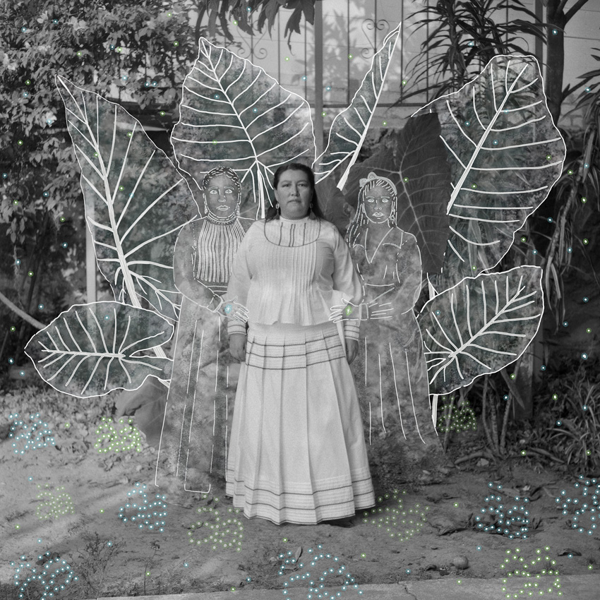 A lady with drawings of other ladies around her