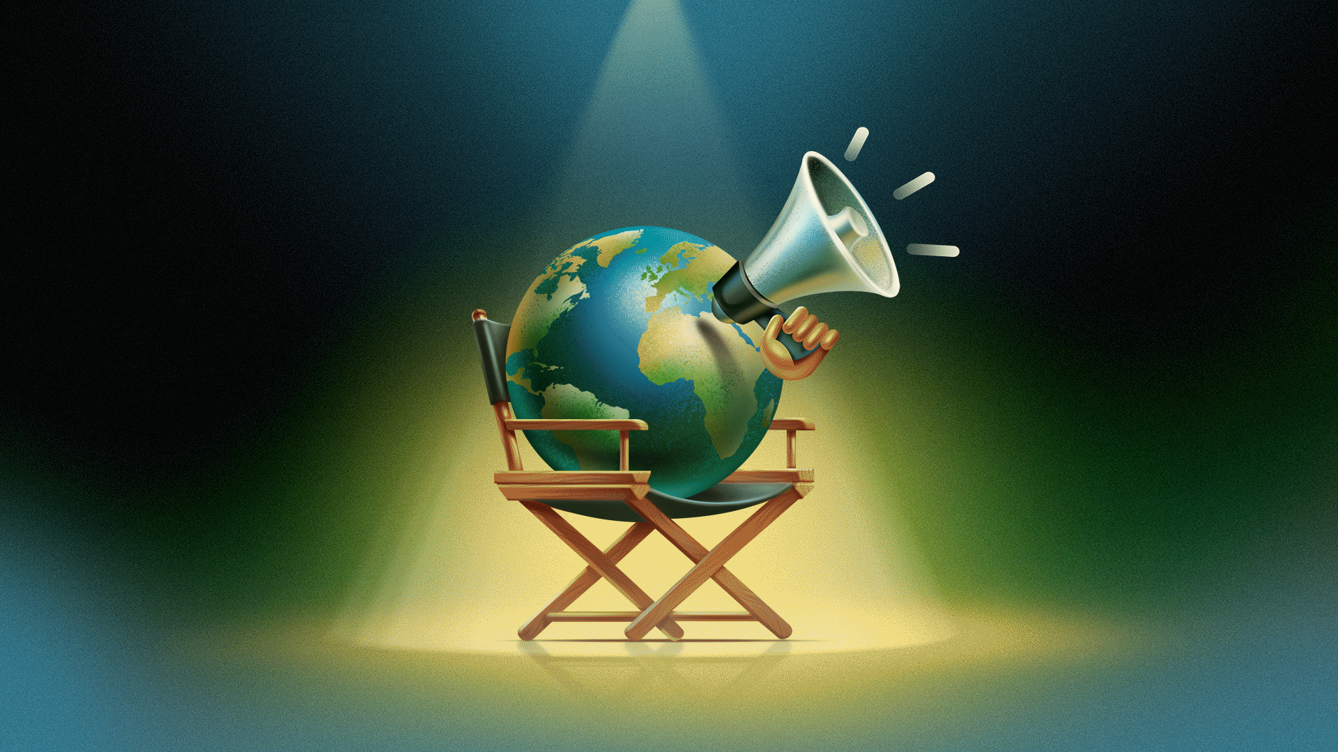 World globe sitting in a directors chair with a megaphone
