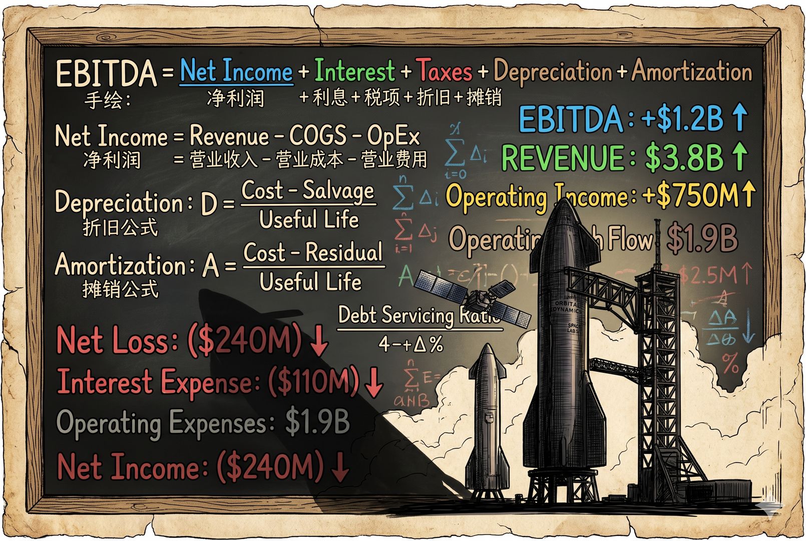 一块巨大的黑板上写满EBITDA、净利润、折旧、摊销等公式,前景是火箭、卫星和发射塔的剪影投下沉重阴影,亮眼的营业数据与暗色亏损数字形成强烈对比,羊皮纸,钢笔彩色手绘的统一风格。