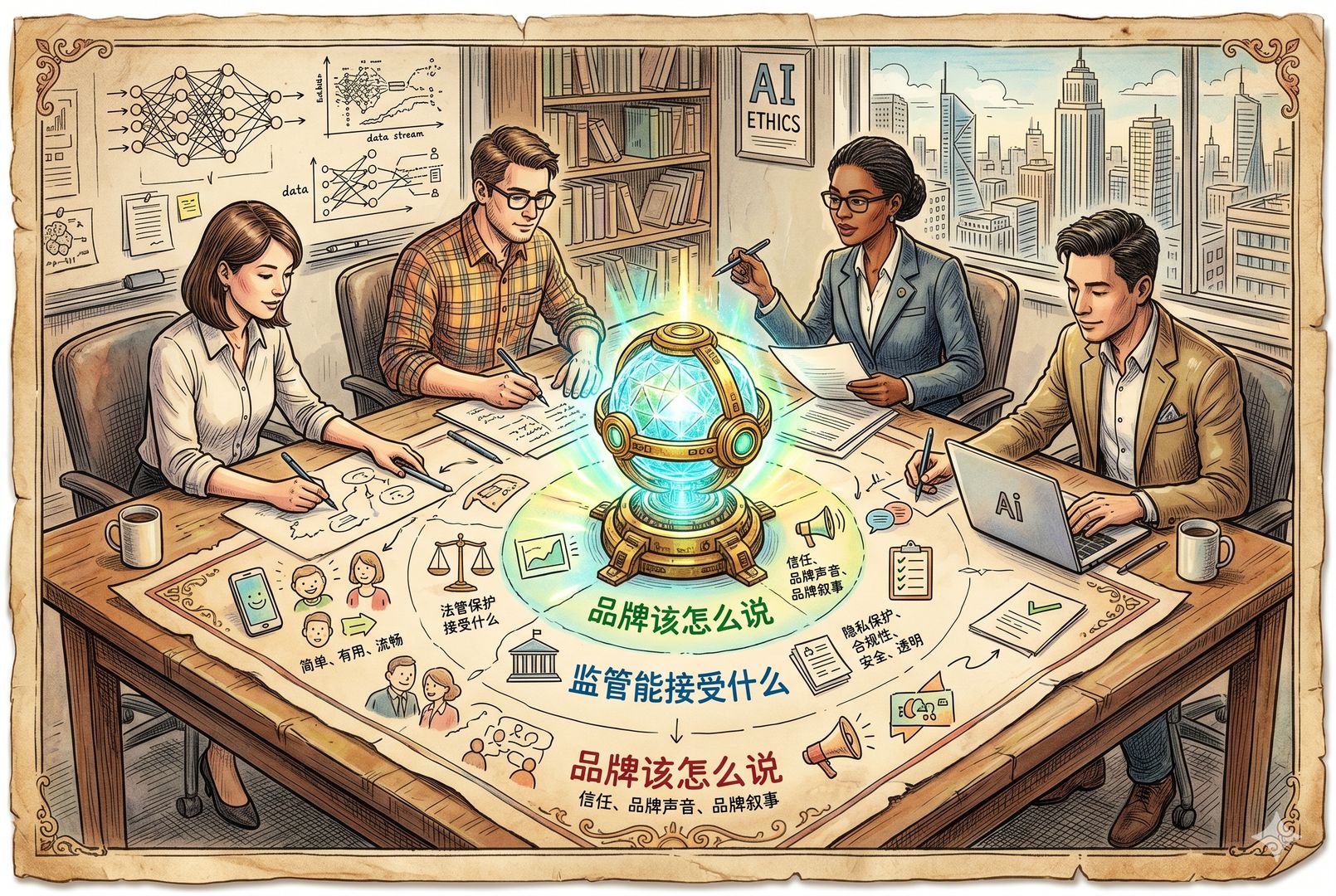 AI 公司会议室中央摆着一台会发光的模型核心装置,周围坐着产品经理、工程师、政策顾问和传播负责人,共同绘制“用户能听懂什么、监管能接受什么、品牌该怎么说”的三层地图,羊皮纸,钢笔彩色手绘的统一风格。