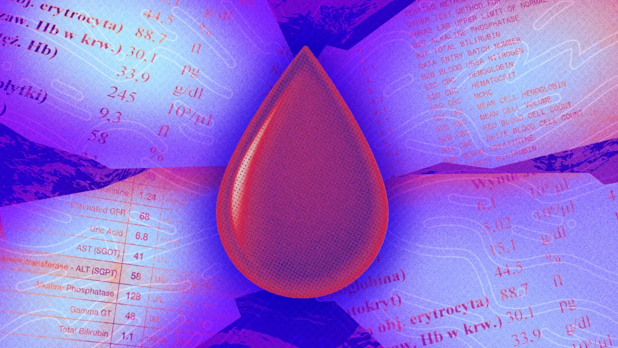 An illustrated drop of blood against lab results text.