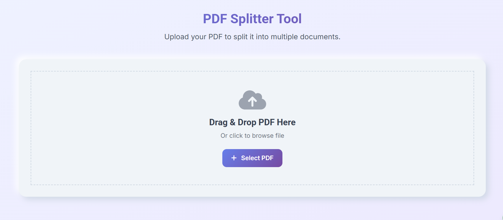 PDF splitter tool interface showing drag and drop upload area with select PDF button