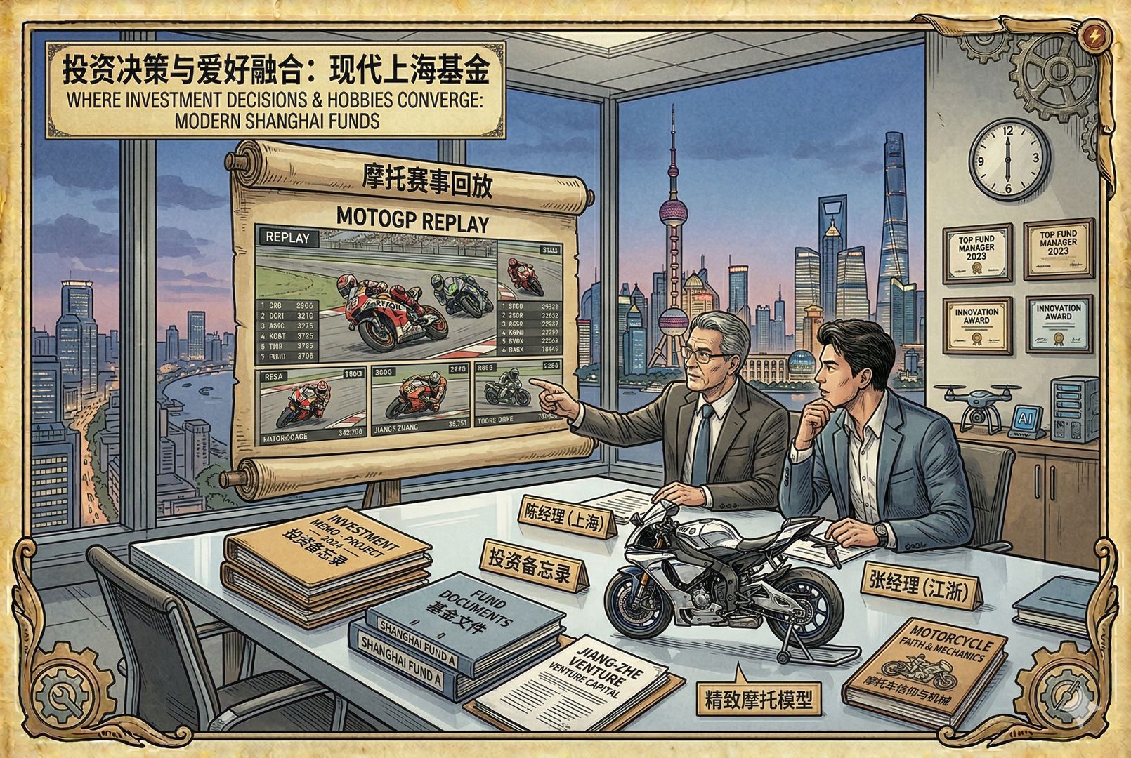 上海与江浙基金经理在现代办公室里看摩托赛事回放,窗外是城市天际线,桌上有投资备忘录、基金文件和一辆精致摩托模型,投资决策中掺杂爱好与信仰,羊皮纸,钢笔彩色手绘的统一风格。