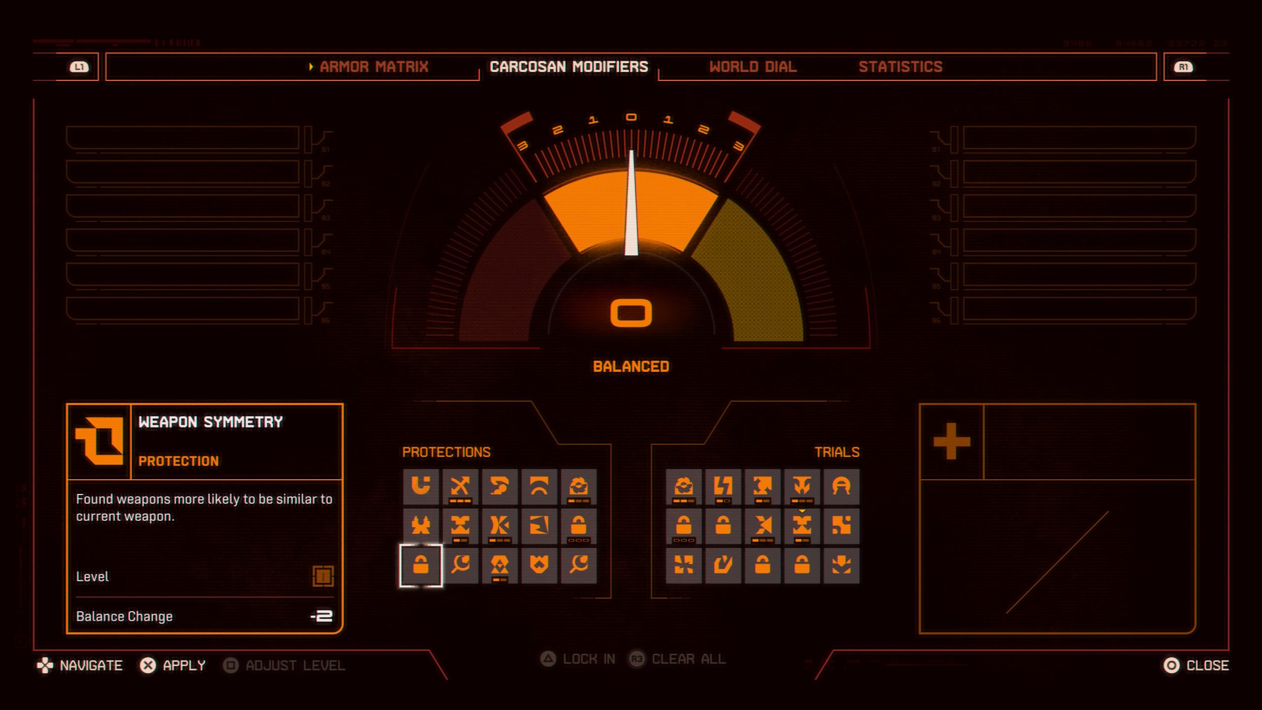 A Saros interface screen displaying a section labeled 'CARCOSAN MODIFIERS' with a dial set to '0' and the description for a feature called 'WEAPON SYMMETRY' under the 'PROTECTION' category, indicating a balance change of '-2'.