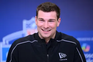INDIANAPOLIS, IN - FEBRUARY 27: Indiana quarterback Fernando Mendoza answers questions from the media during the NFL Scouting Combine on February 27, 2026 at the Indiana Convention Center in Indianapolis, IN. (Photo by Zach Bolinger/Icon Sportswire via Getty Images)