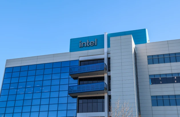 Intel sign on the American computer processor maker Intel Corporation"s headquarters campus.