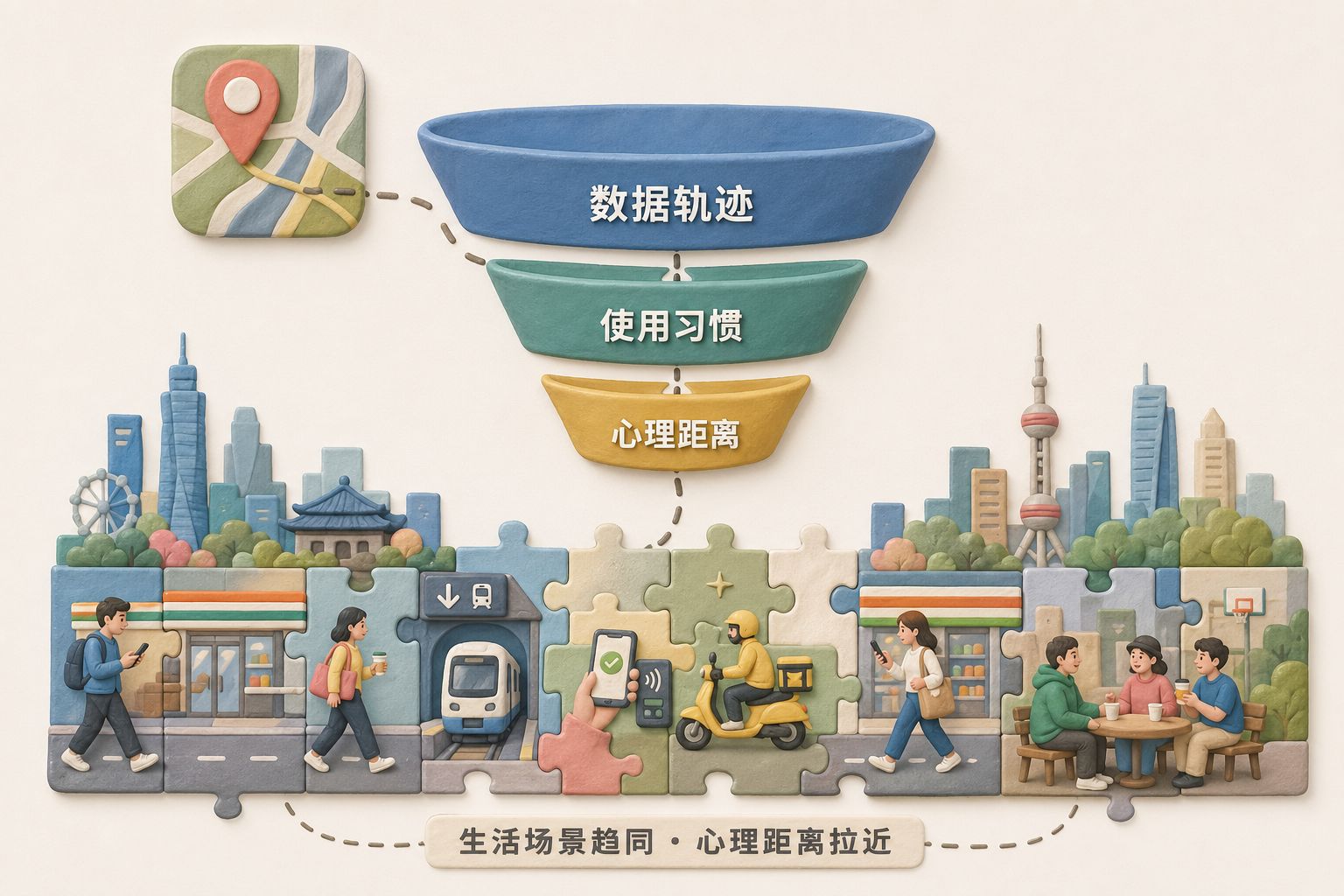 三层递进的影响漏斗从高德地图图标延伸到台湾社会,依次标注数据轨迹、使用习惯、心理距离,底部是两岸城市生活场景逐渐相似的拼图,浅色背景的商业评论版橡皮泥平面信息图的统一风格。