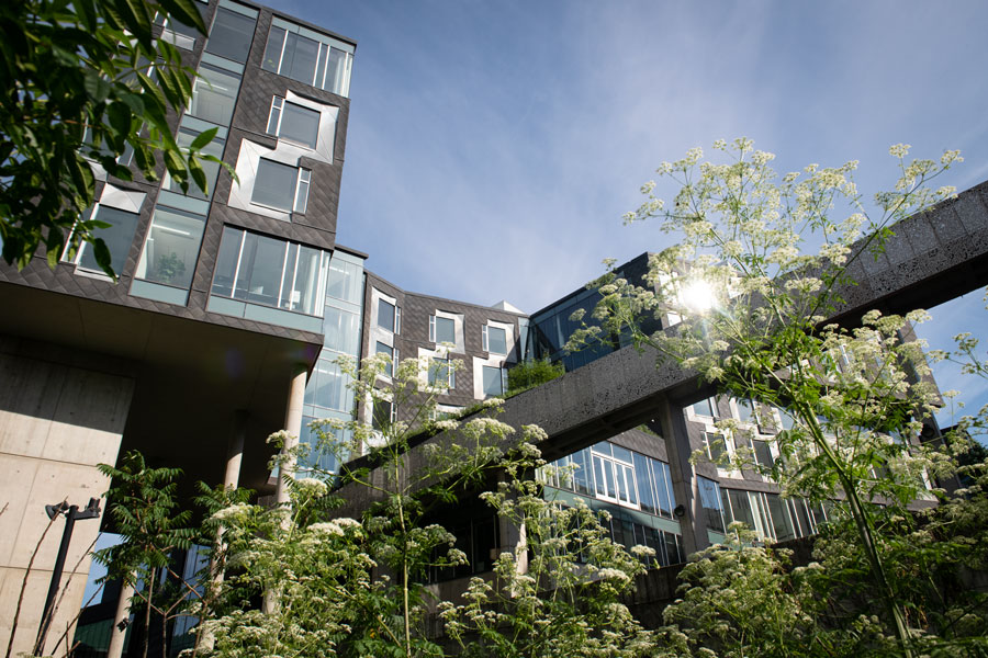 Stock image of the Gates and Hillman Centers at CMU, seen from the base of the building on a sunny day.