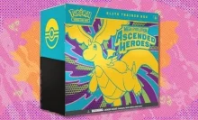 The Pokémon TCG: Mega Evolution — Ascended Heroes Elite Trainer Box on a red and orange background