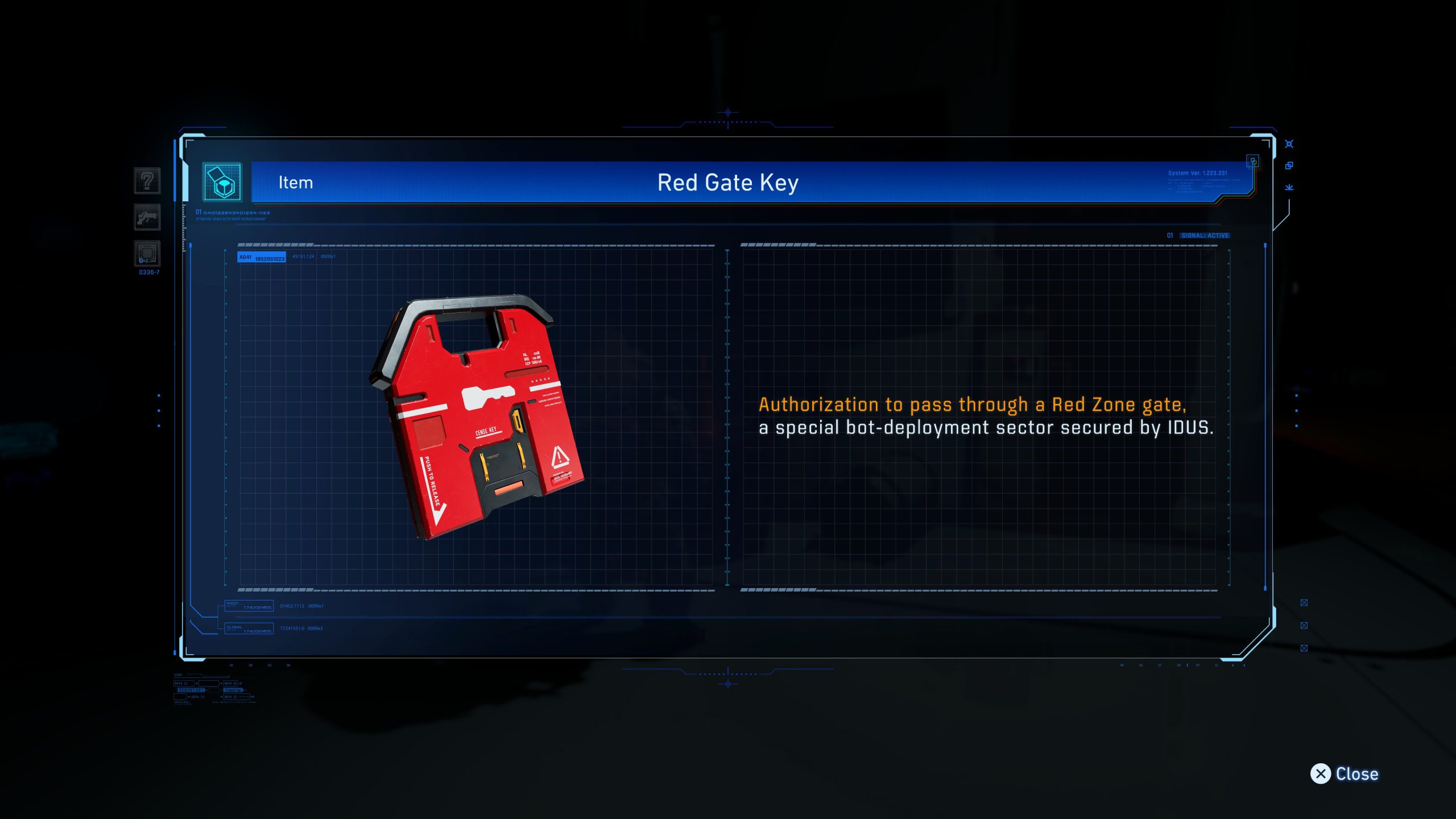 The PRAGMATA on-screen text displays a Red Gate Key item, granting Authorization to pass through a Red Zone gate, a special bot-deployment sector secured by IDUS.