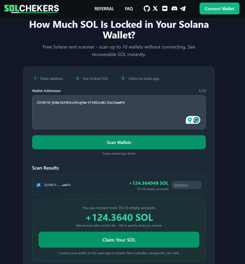 Free Solana rent scanner - scan up to 10 wallets without connecting. See recoverable SOL instantly.