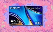 sony 65-inch bravia xr8b oled 4k tv against a pink and purple patterned background