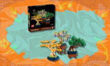 lego botanicals mini bonsai trees set against a blue and orange patterned background