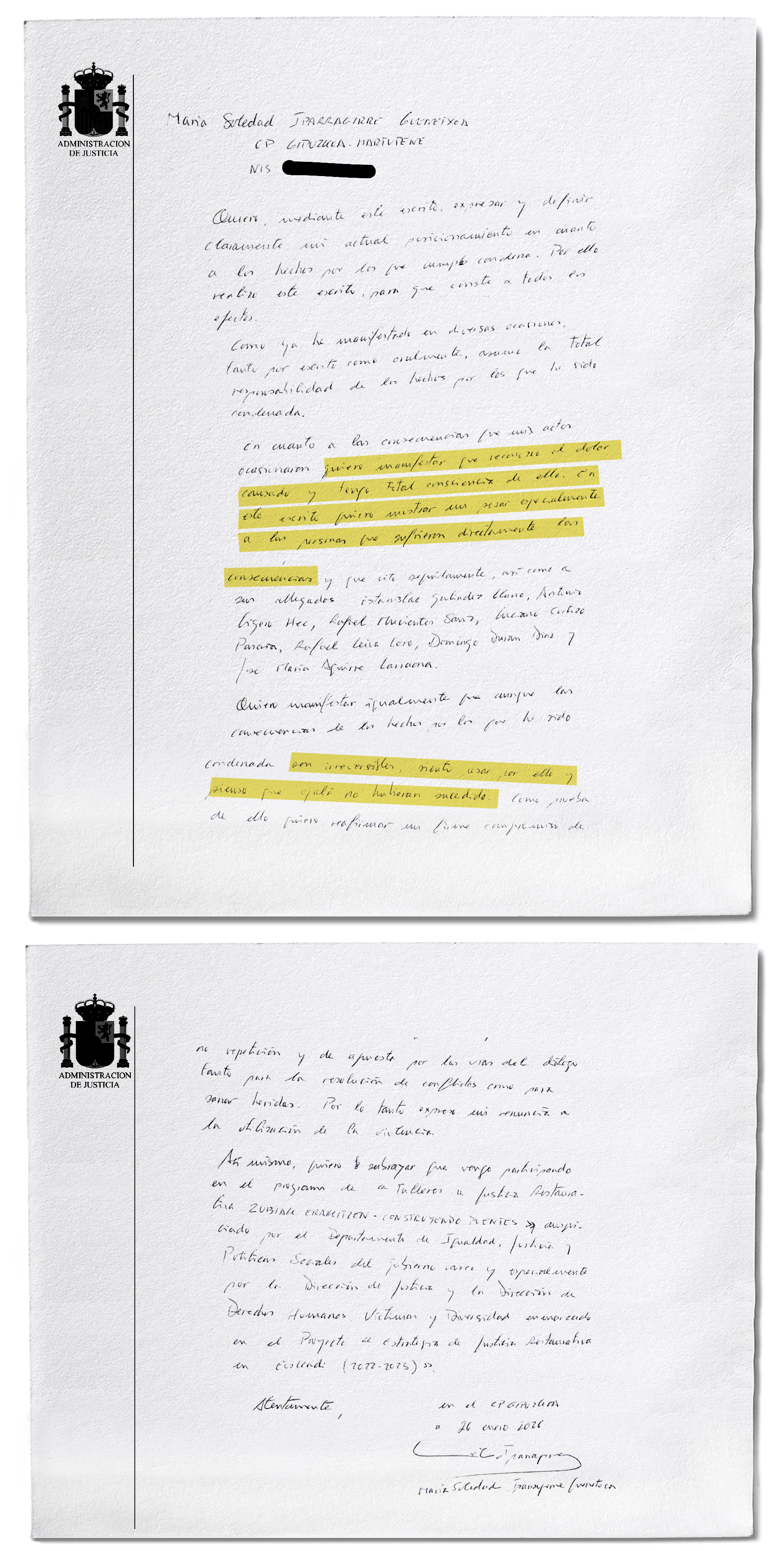Carta de la ex jefa de ETA Soledad Iparraguirre, Anboto.