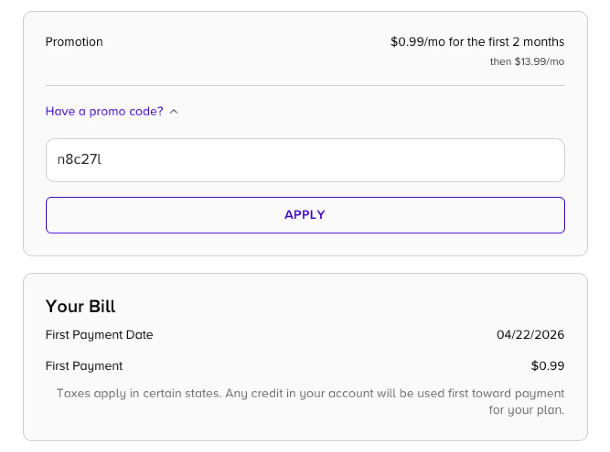 Paramount+ checkout page with promo code applied