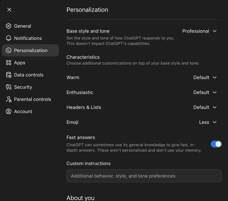 A screenshot of ChatGPT's Personalization settings with the emoji frequency option visible, set to Less