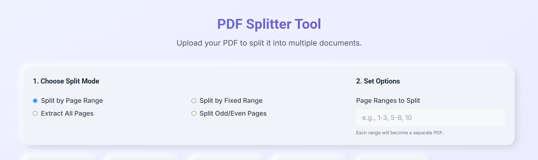 PDF splitter settings with options for page range, all pages, fixed range, and odd or even page splitting