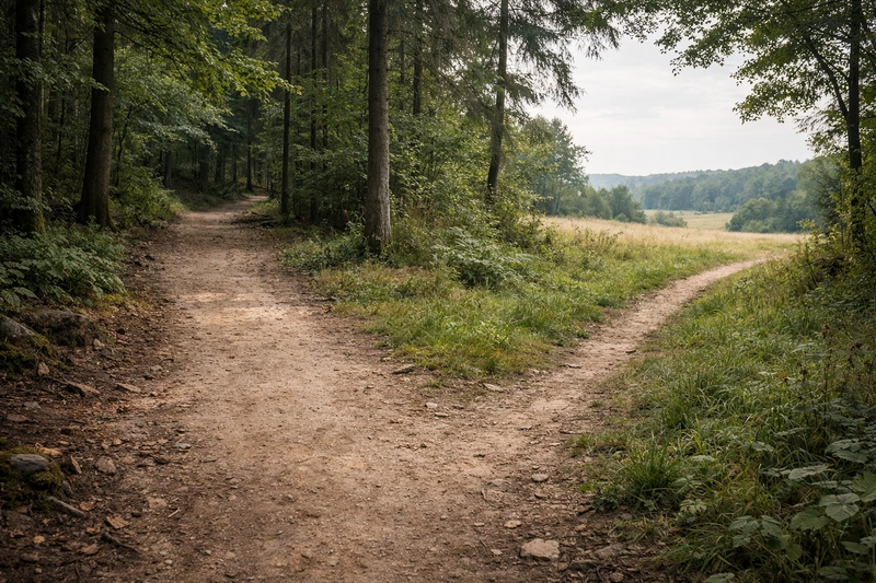A trail fork in a quiet landscape, one path well-worn, the other narrower but opening onto a wider view.