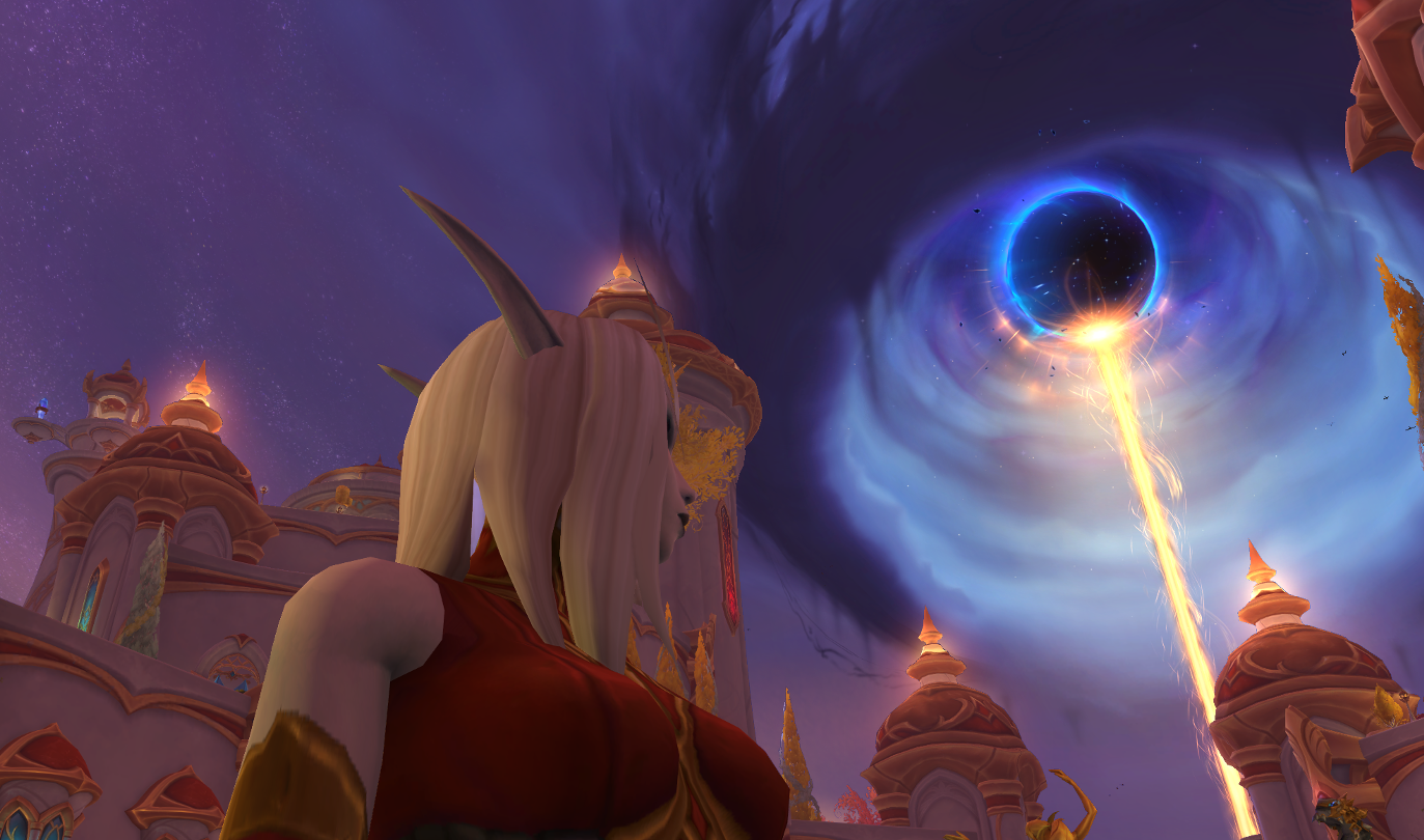 World of Warcraft blood elf looks at a skybox