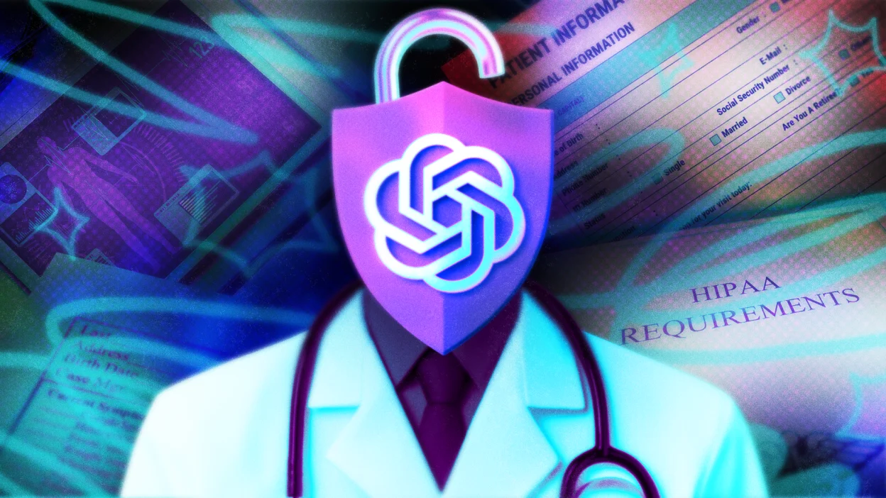 An illustration of a doctor whose head has been replaced by a giant lock depicted with the OpenAI logo.