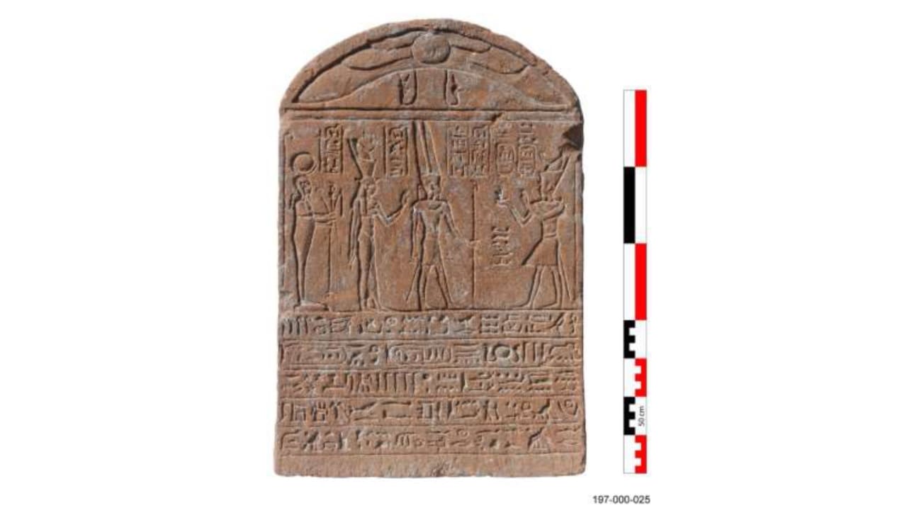 Stele depicting Roman Emperor Tiberius standing before the Theban triad of the ancient Egyptian gods found near the Karnak Temple Complex, March 30, 2026. Stele depicting Roman Emperor Tiberius standing before the Theban triad of the ancient Egyptian gods found near the Karnak Temple Complex, March 30, 2026.