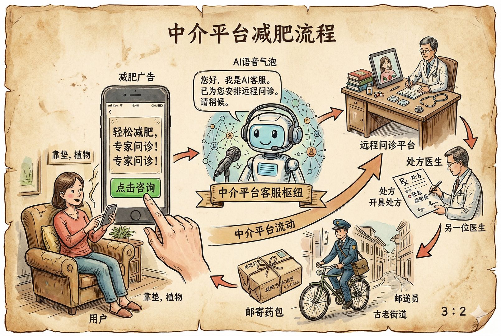 一幅分层流程图式场景,前景是用户在手机上点击减肥广告,中景是AI语音客服界面,后景依次连接远程问诊平台、处方医生和邮寄药包,清楚表现“中介平台”本质,羊皮纸,钢笔彩色手绘的统一风格。
