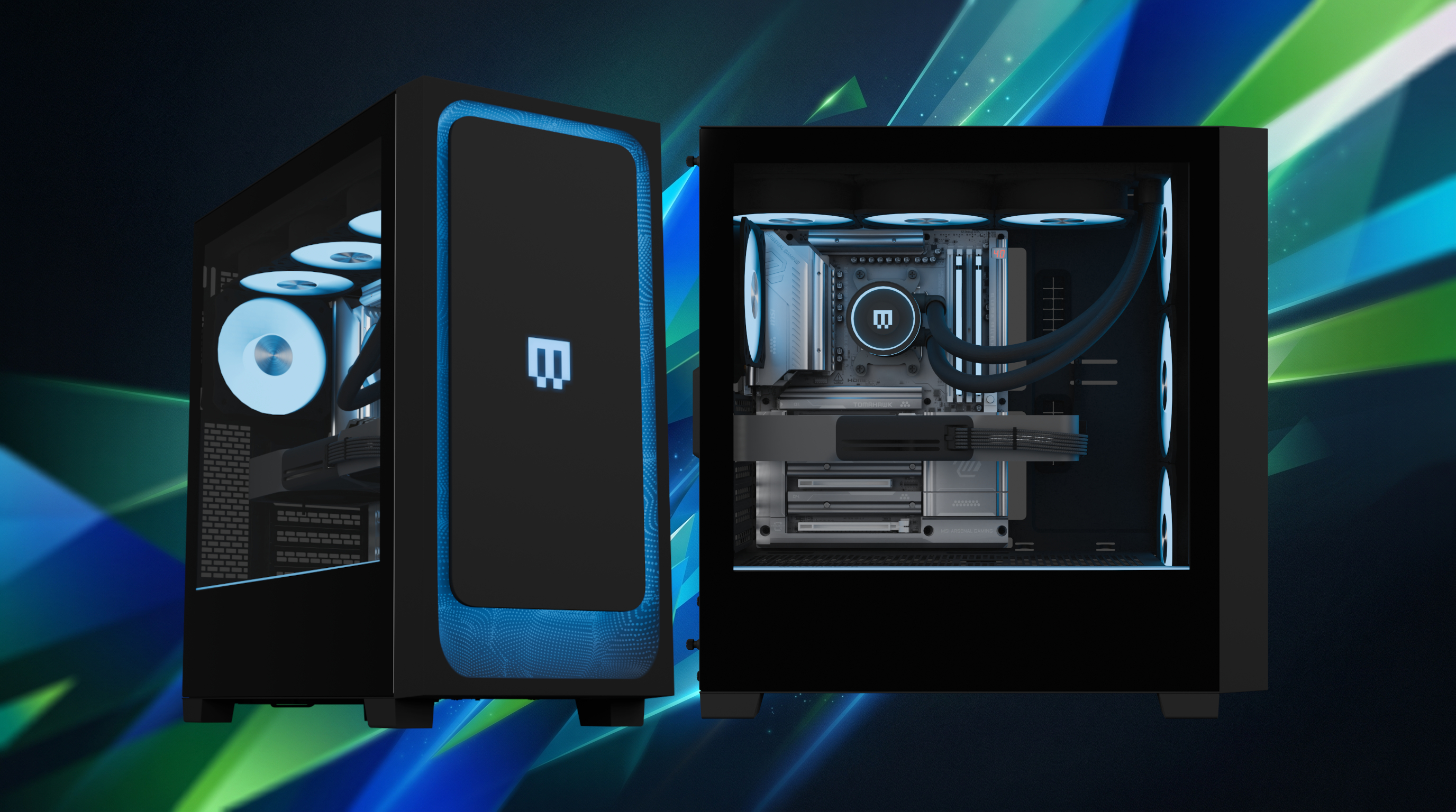 A sleek black gaming PC with glowing blue LED fans and a side glass panel showcasing internal components. Vibrant blue and green geometric background.