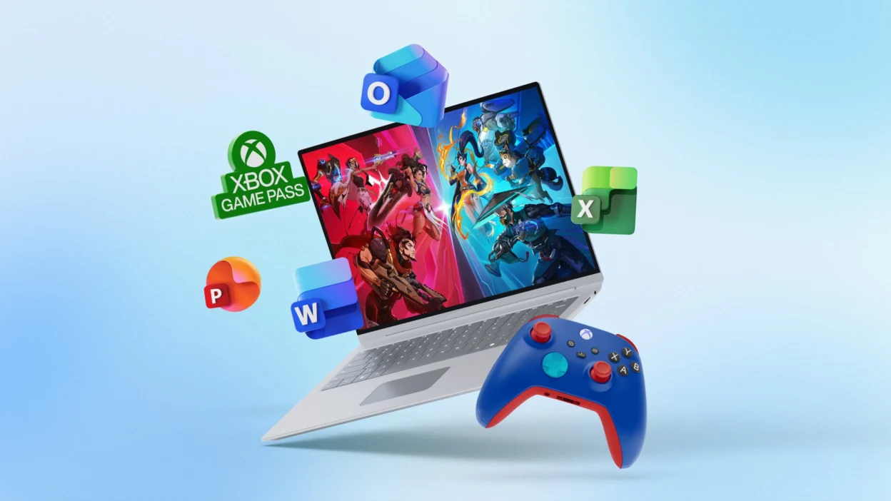 A Windows laptop surrounded by Microsoft app logos