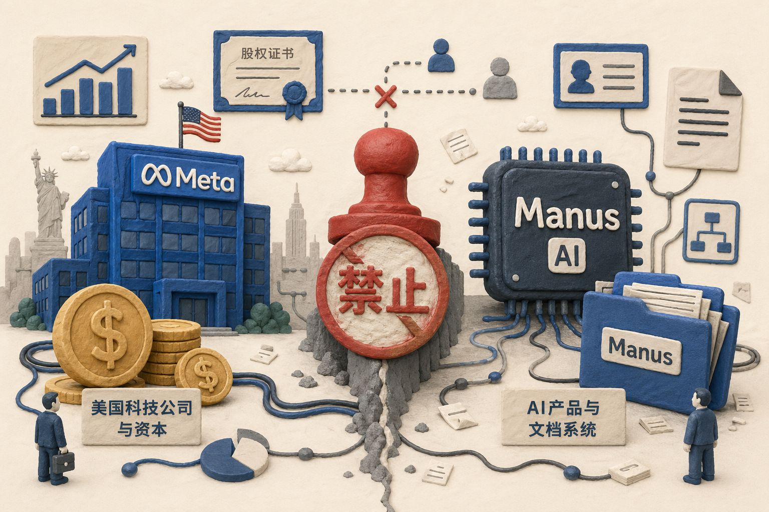 左侧是Meta蓝色办公楼与美元硬币,右侧是写着Manus的AI芯片和文件夹,中间被一枚红色监管印章“禁止”隔开,周围有数据线、股权证书和小型人物剪影,浅色背景的商业评论版橡皮泥平面信息图的统一风格。