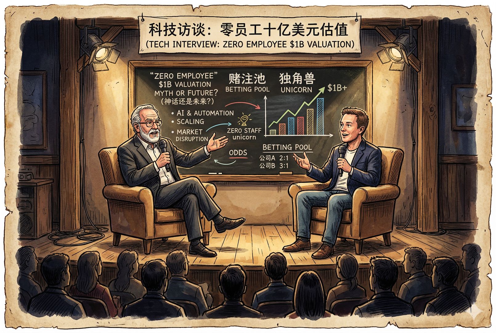 一场科技访谈现场,两位创业大佬坐在聚光灯下讨论“零员工十亿美元估值”,背景黑板上写着赌注池和独角兽图案,台下观众模糊成剪影,羊皮纸,钢笔彩色手绘的统一风格。