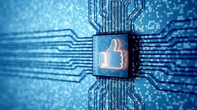 Electronic quantum computer microchip with glowing thumbs up symbol