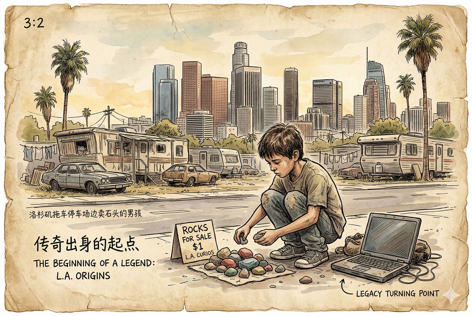 洛杉矶拖车停车场边,一个小男孩蹲在路边卖石头,远处破旧拖车与城市天际线同框,后来的人生转折以一台旧笔记本电脑静放一旁,呈现传奇出身的起点,羊皮纸,钢笔彩色手绘的统一风格。