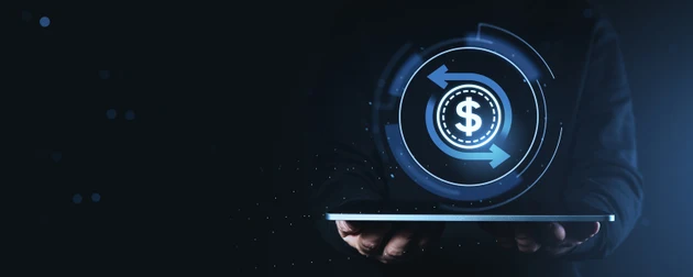 Digital currency transfer symbol glowing in futuristic interface above a handheld device showcasing modern financial technology.