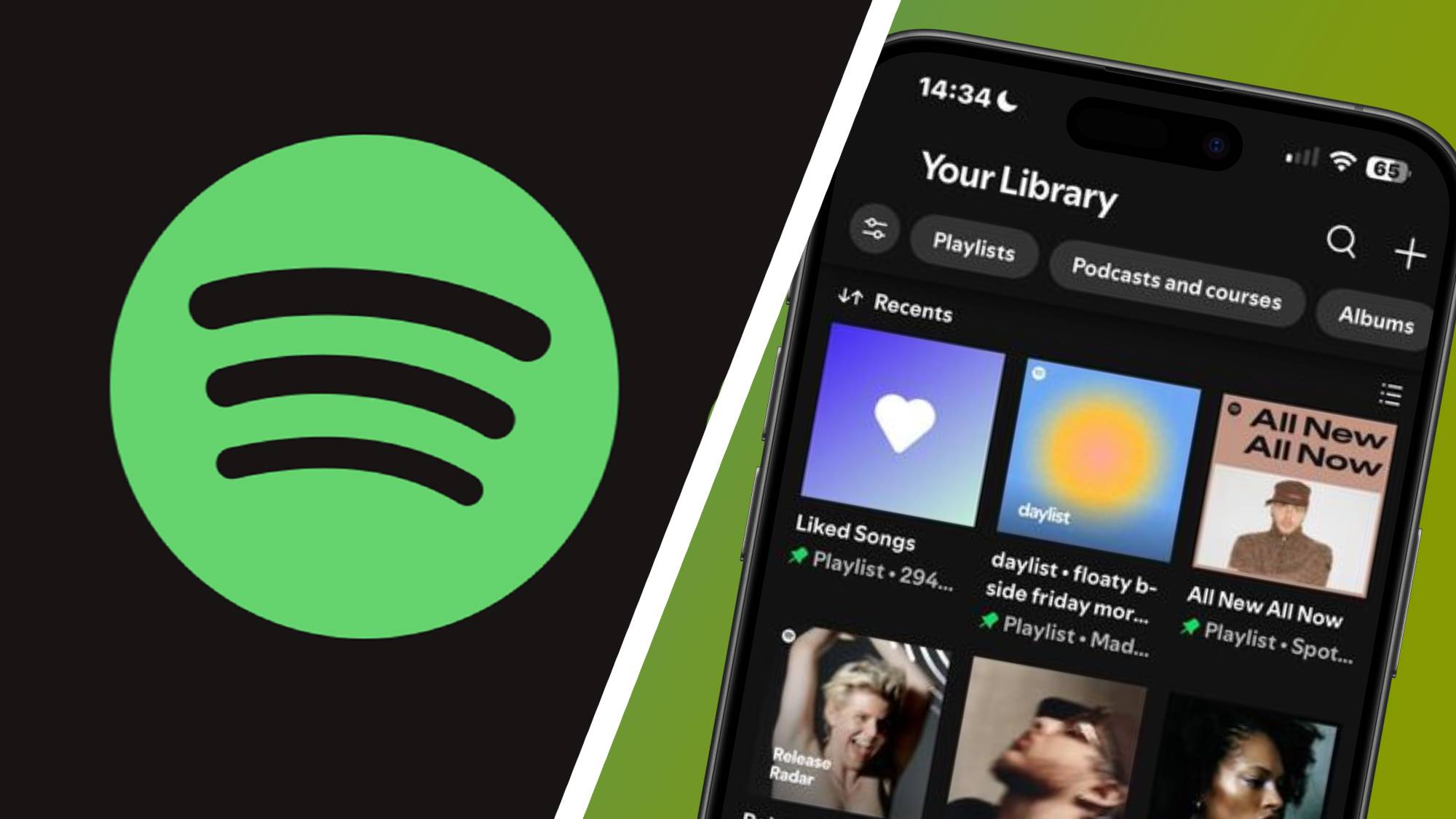The Spotify logo next to an iPhone with the Spotify Library interface 