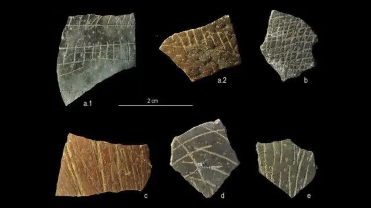 60,000-year-old ostrich eggshells. 60,000-year-old ostrich eggshells.